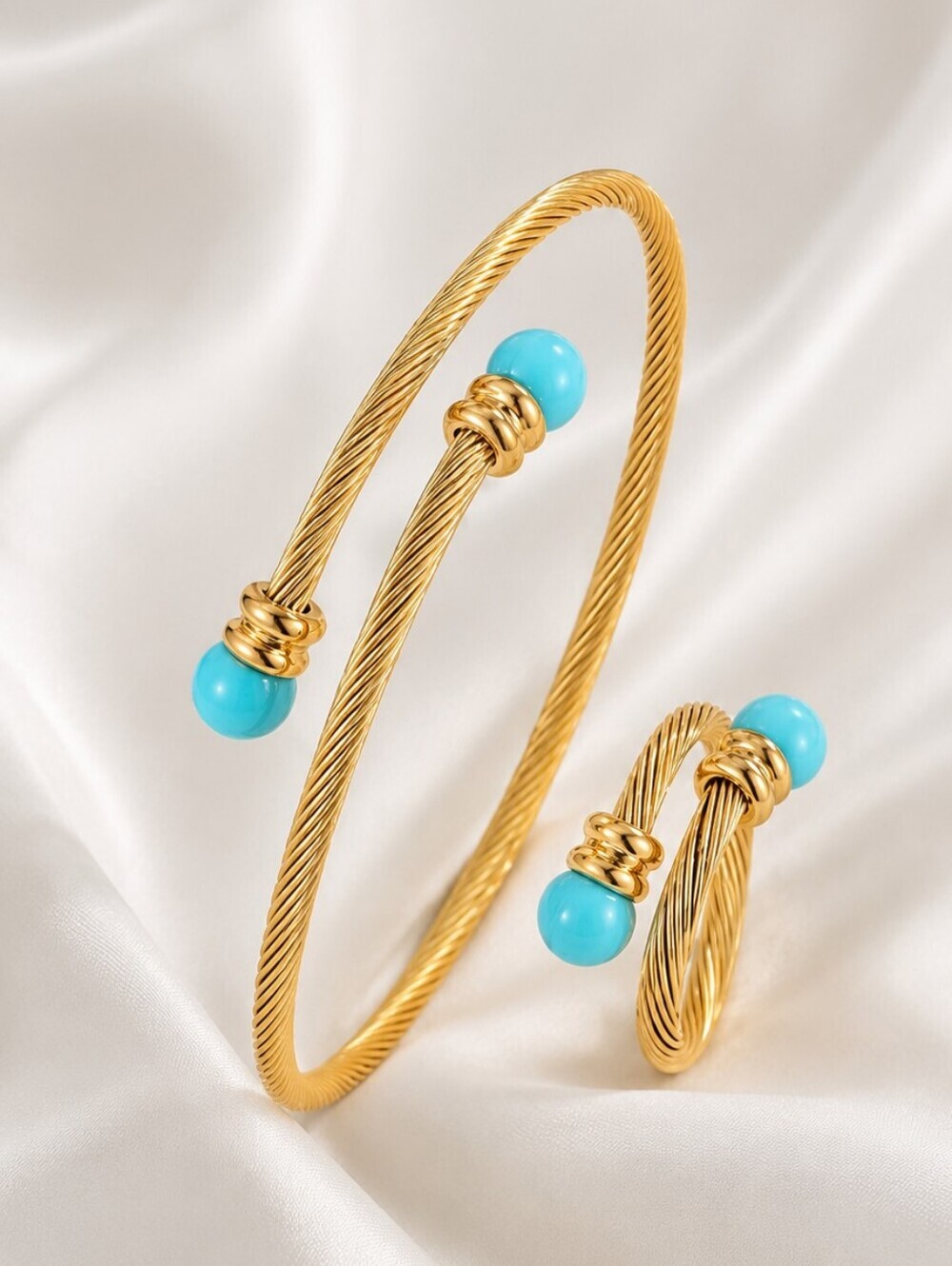 18k Gold Plated and Turquoise Cabochon Twisted Cable Bangle and Ring Set
